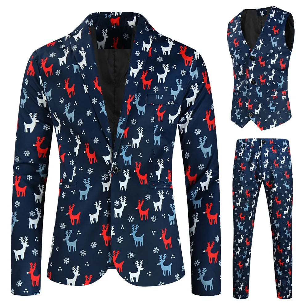 New Men's 3 Piece Christmas Sets Blazers+Vest+Pants 2026 Xmas Printed Men Suit Set Party Stage Dress Up Style Costume Streetwear