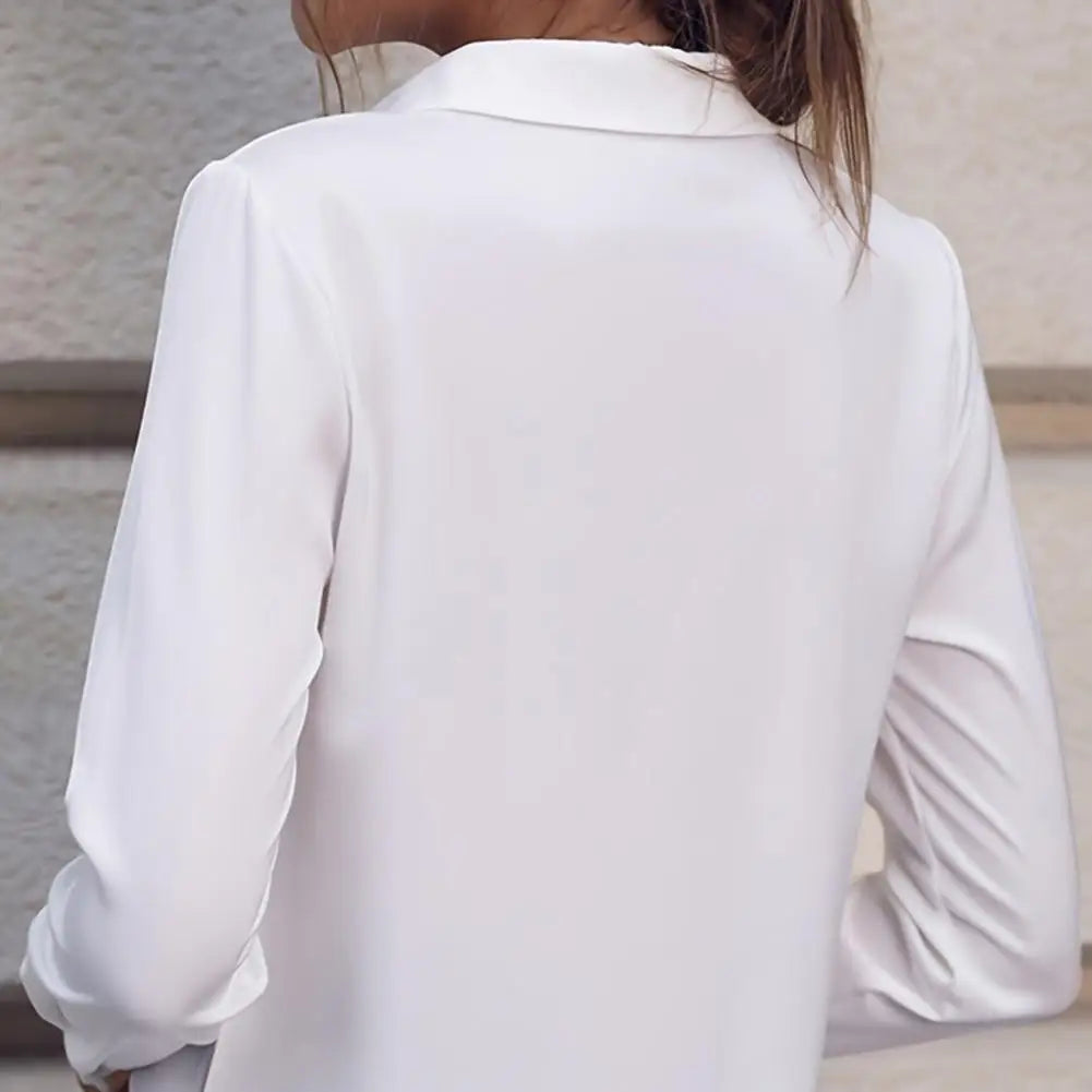 Summer Elegant Women's Blouse New V-neck Long Sleeve Solid Color Loose Shirt Casual White Tops Office Lady Blouses