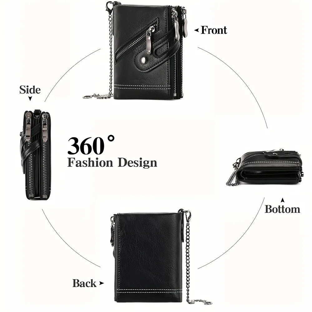 New Men's Chain Wallet RFID Anti-Theft Men's PU Leather Wallet Double Zipper Coin Purse Credit Card Holder for Men and Women