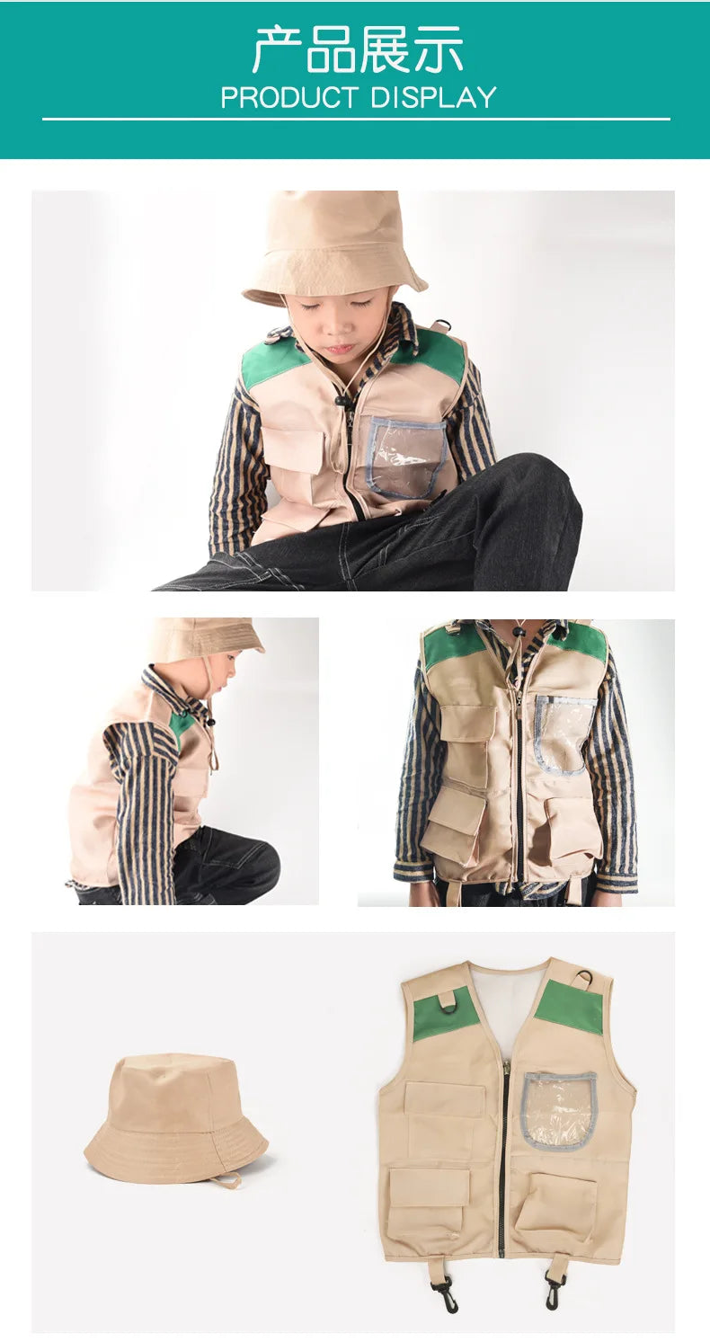 Kids Explorer Vest and Hat Costume Safari Cargo Vest Boys Outdoor Adventure Kit for Young Kids Dress Up Pretend Play Costumes