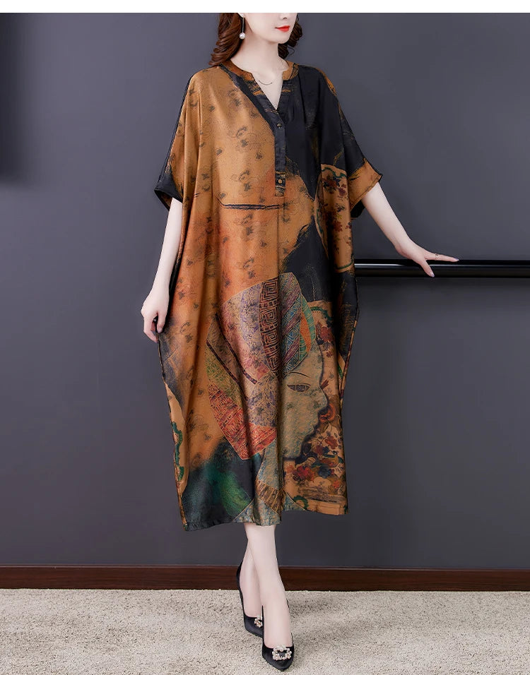 Mulberry Silk Dresses Women's New Summer Long Dress Female Fashion Loose V- Neck High-End Print Pullover Dresses