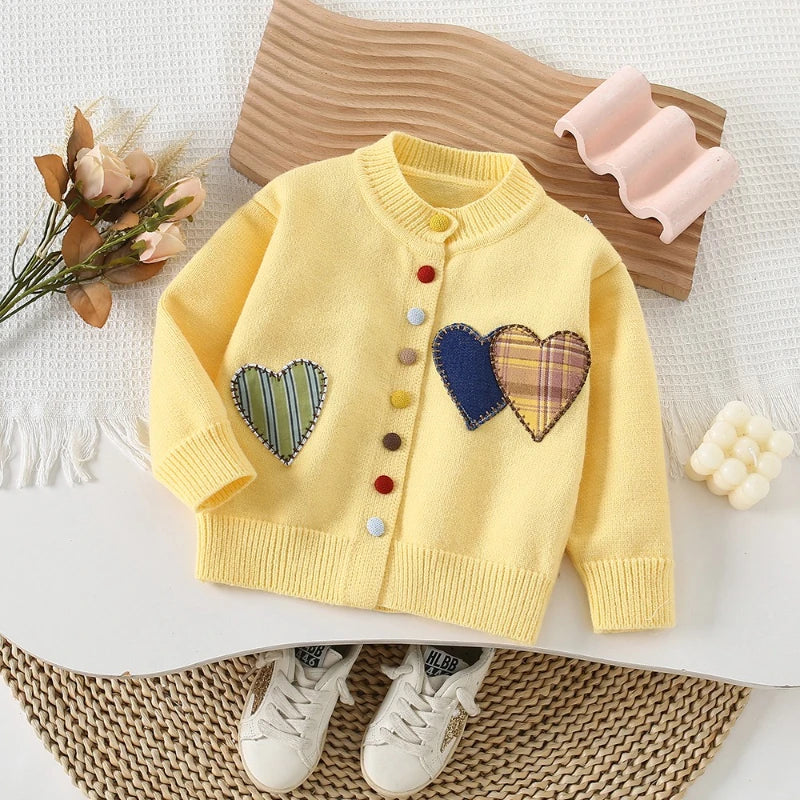 Girl's Round Neck Colorful Button Sweet Big Heart Sweater Jacket 2025 Autumn/winter New Item