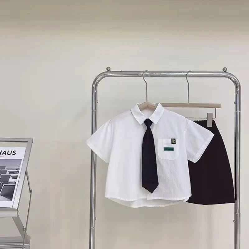 Boys Summer Formal Clothing Set 3PC Gentleman Outfit Short Sleeve Shirt Shorts with Tie for Toddler Kids Party School Daily Wear