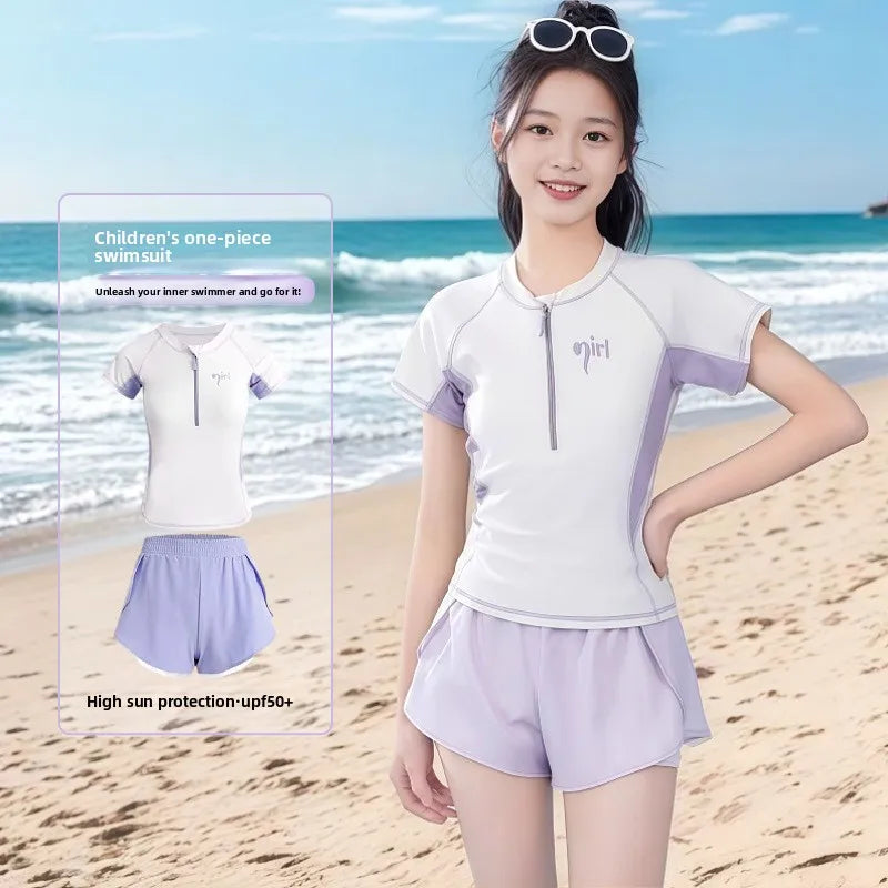Summer New Girls Swimwear Teen Conservative Two Piece Sports Swimsuit for Developing Youth