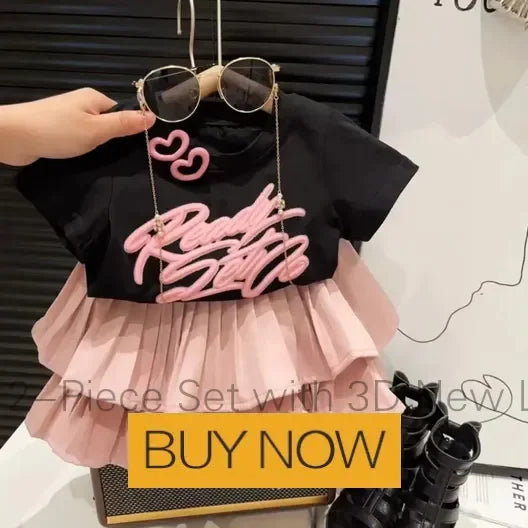 Girls Summer Clothes Girls Clothes 2 To 8 Years Cute Girls' 2-Piece Set with 3D New Letter Top and Ruffle Skirt for Summer