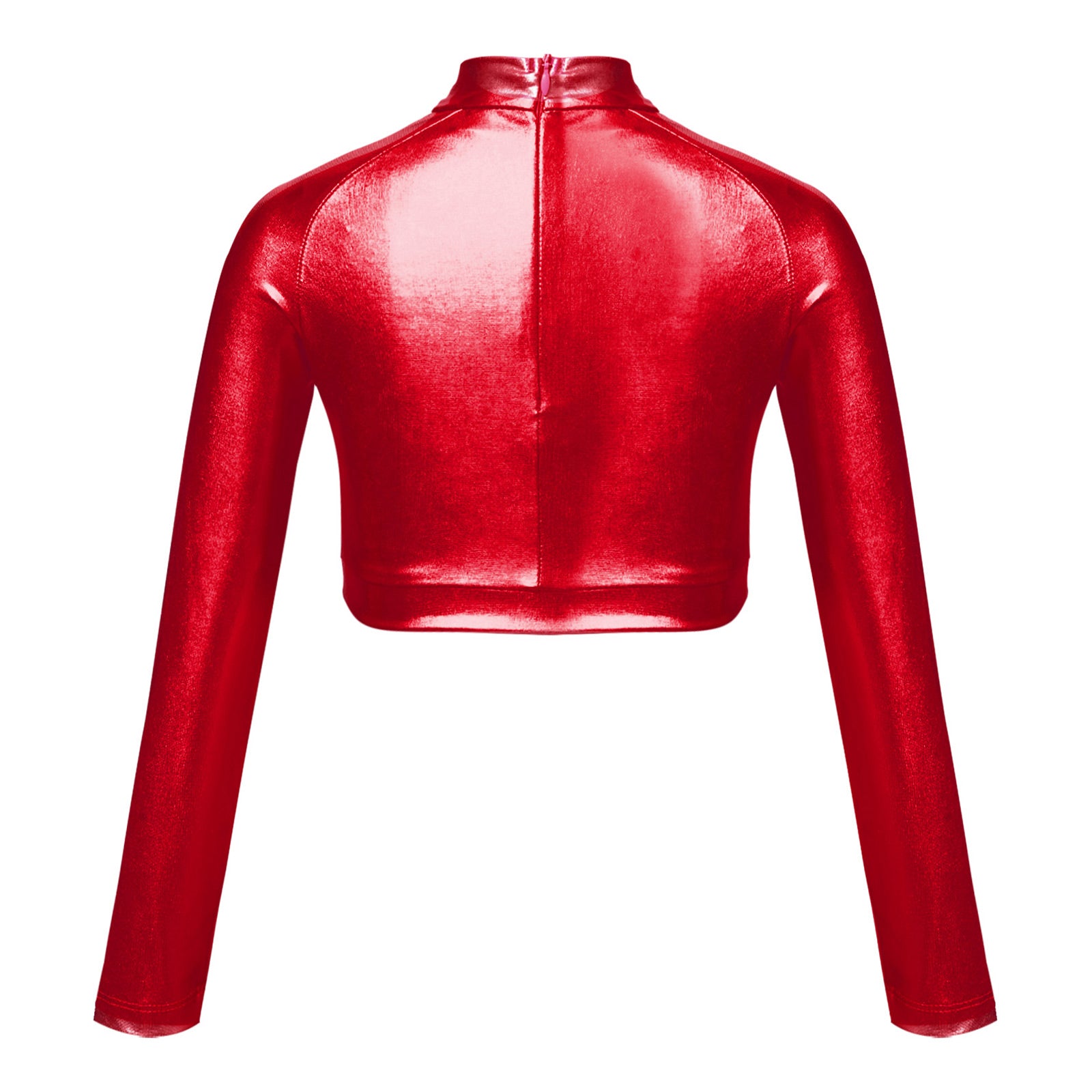 Kids Girls Shiny Metallic Crop Top Mock Neck Long Sleeve Front Sequin Fully Lined Athletic T-Shirts Jazz Hip-hop Dance Tops