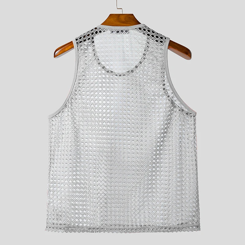 Summer Men Tank Tops Mesh Transparent O-neck Sleeveless Male Vests Sexy Vacation INCERUN 2025 Streetwear Fashion Men Clothing