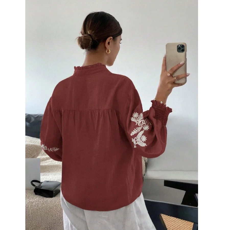Women Autumn Single Breasted V-neck Blouses and Shirts Ladies Casual Embroidery Long Sleeve Shirt Tops