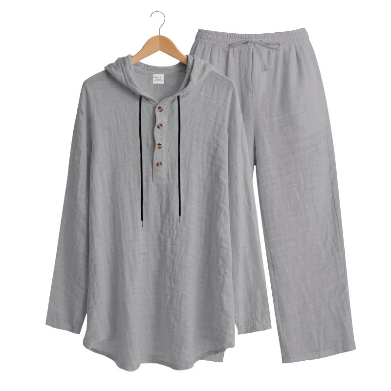 Men's Linen Hooded Sets 2 Piece Outfit Summer Casual Long Sleeve Hoodie and Wide Leg Pants Set for Men