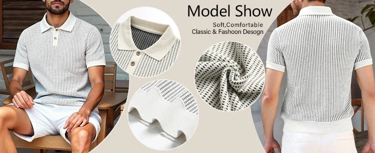 Mens Knit Shirts Short Sleeve Men's Textured Knit Polo Shirt Summer Short Sleeve Vacation Button Beach Knit Stretchy Golf Shirts