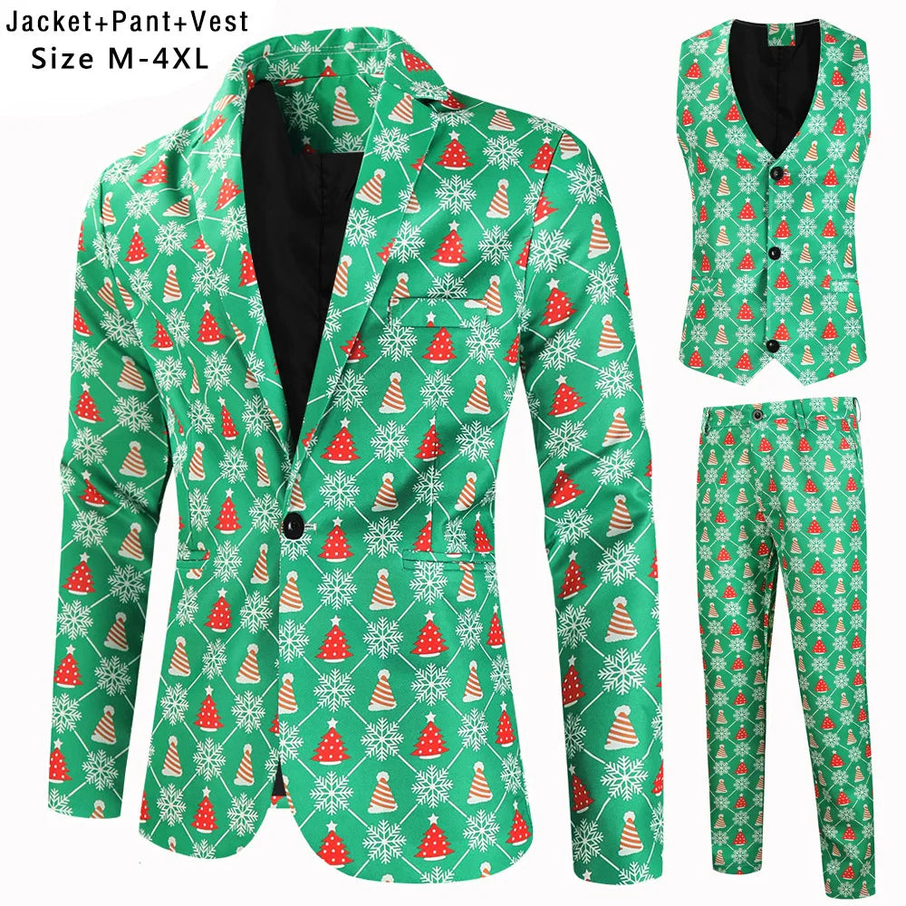 New Men's 3 Piece Christmas Sets Blazers+Vest+Pants 2026 Xmas Printed Men Suit Set Party Stage Dress Up Style Costume Streetwear