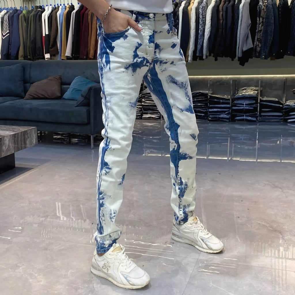 Color Contrast Jeans Male Ripped Jeans For Men Streetwear Personality Flocking Self-cultivation Pant Jeans Homme Skinny Jean Men