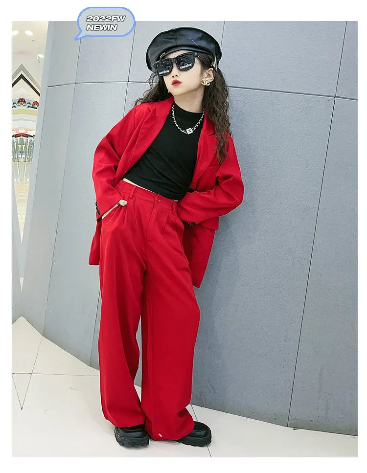 Girls Red Blazer Suits Clothing Sets Spring Autumn Kids Jackets+Pants Fashion Loose Formal Teenager Casual Outfits 5-14Years Old