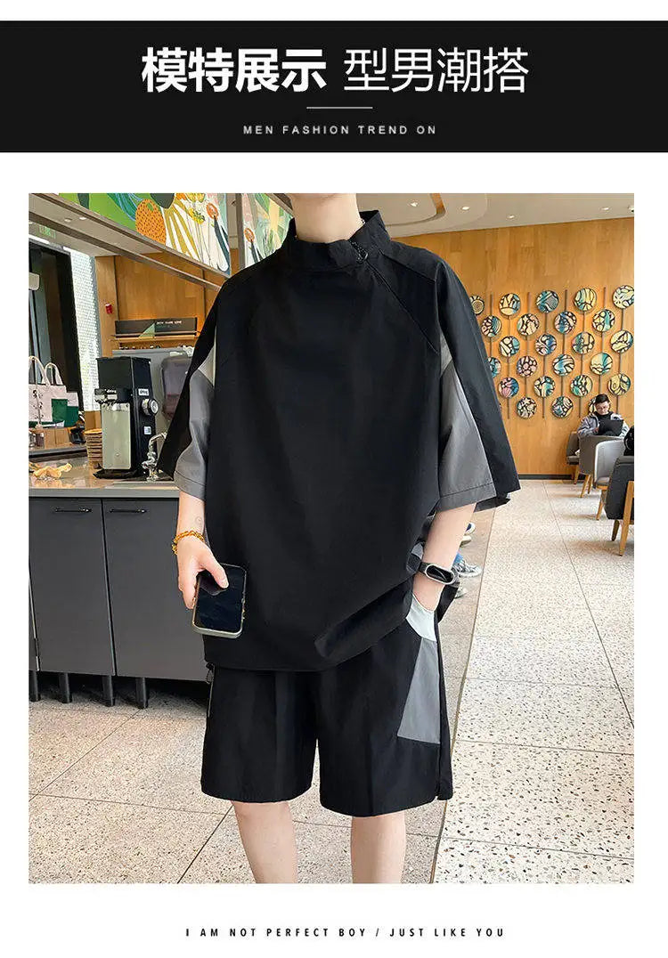 【T-Shirt + 5-Point Shorts】Men's T-Shirt Set Summer Fashion Nylon Blend Diagonal Neck Streetwear Sports Leisure Two-Piece Suit
