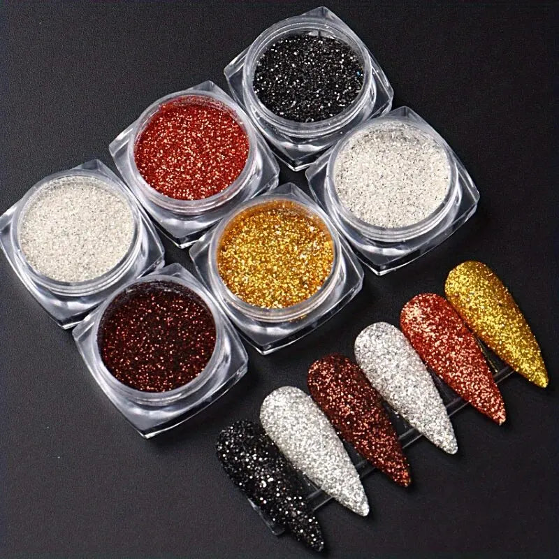 6pcs Nail Polish Glitter Fine Sand Holographic Glitter Powder Black White Reflective Pigment Flakes Powder Manicure Accessories