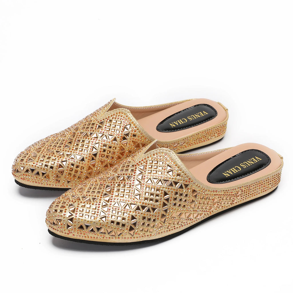 2025 Latest Design Nigeria Silver Color Half Shoes Elegant Flat Shoes for Woman Fashion Comfortable Party Slippers