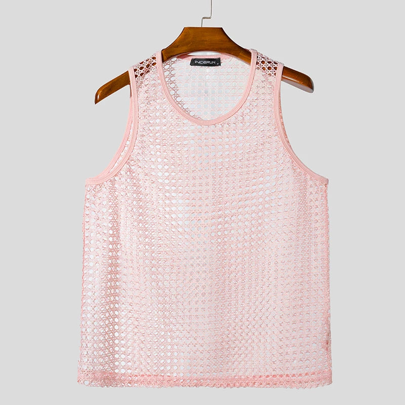 Summer Men Tank Tops Mesh Transparent O-neck Sleeveless Male Vests Sexy Vacation INCERUN 2025 Streetwear Fashion Men Clothing