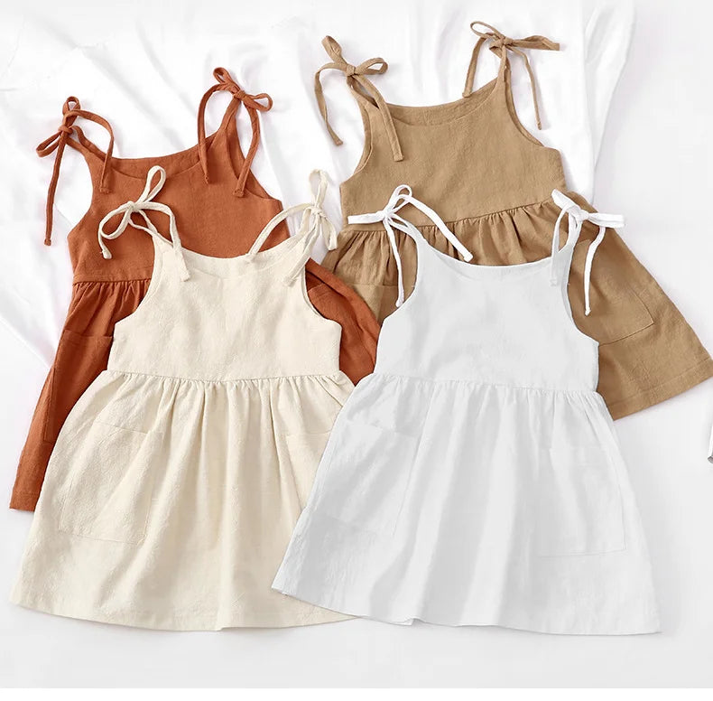 Summer Toddler Girl Dress Sleeveless Cotton Kids Beach Dress with Pocket