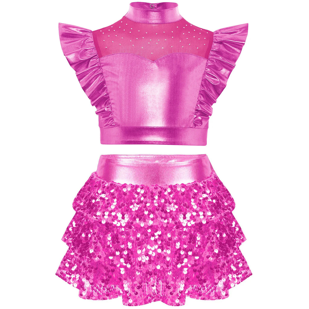Kid Girls Hip Hop Dance Clothes Kids Jersey Sequin Tiered Skirt Long Tank Top Jazz Metallic Holographic Crop To Cheerleading Set