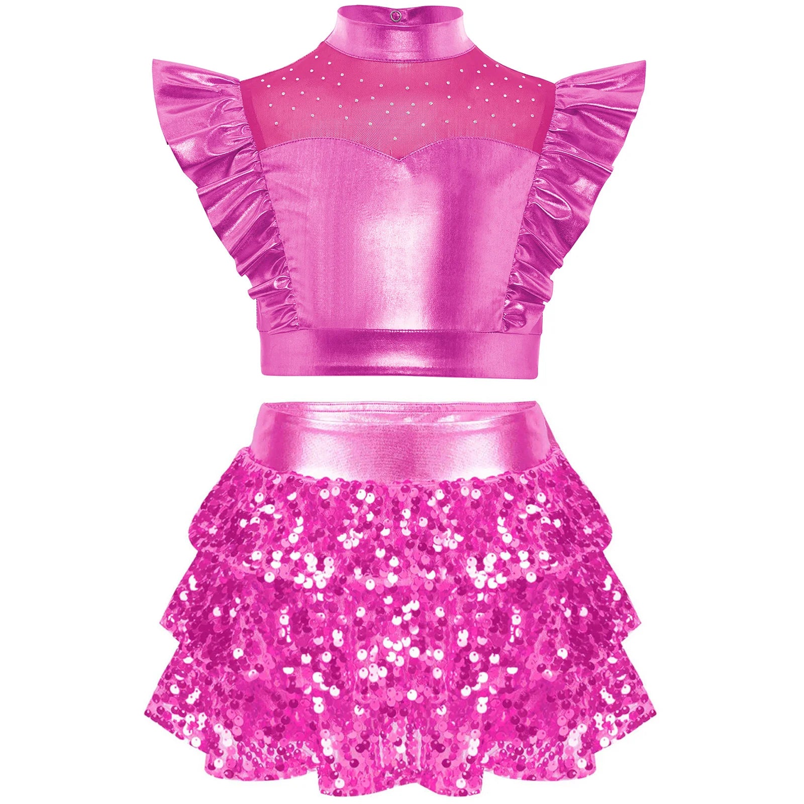 Kid Girls Hip Hop Dance Clothes Kids Jersey Sequin Tiered Skirt Long Tank Top Jazz Metallic Holographic Crop To Cheerleading Set