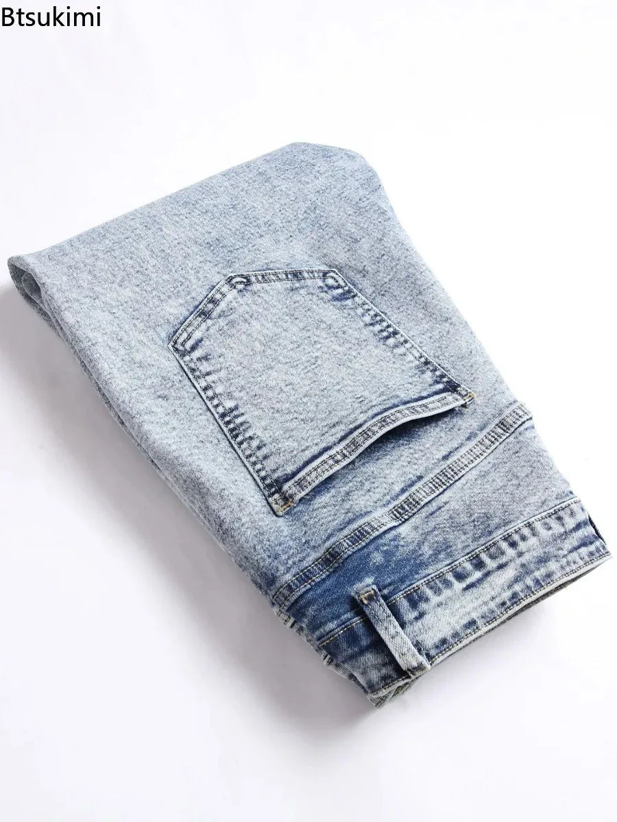 Men's High Street  Black Jeans Stretch Slim Fit Small Feet Pants Ripped Distressed Motorcycle Trouser Men Streetwear Denim Pants