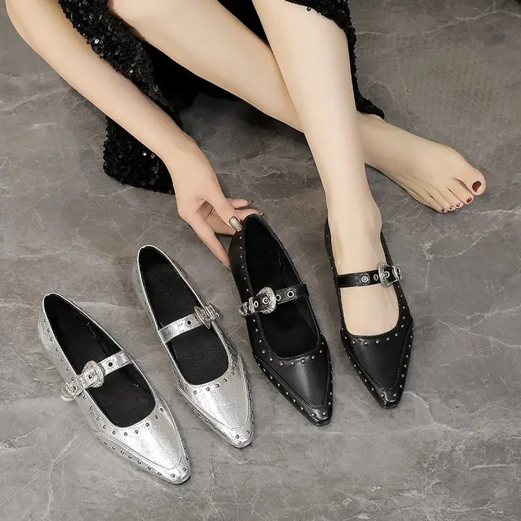 Women's Dance Shoes, Lightweight Punk Rivet Mary Jane Flats, Metallic Pointed Toe Casual Shoes for Festival,Party and Streetwear