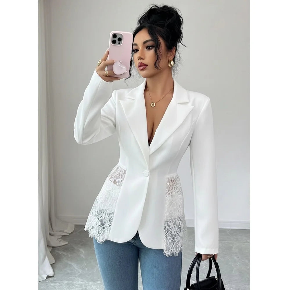 Women Elegant Blazer Suits Ladies Spring Autumn Long Sleeve Single Button Jackets Coats with Lace Hem