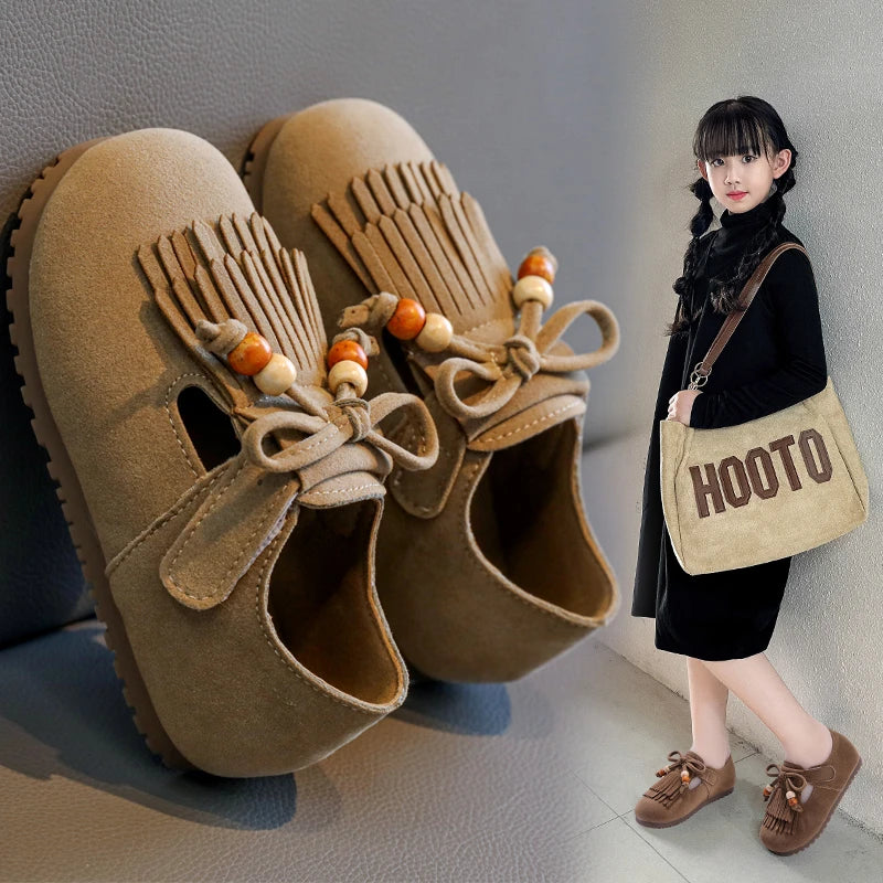 Girls' All-inclusive fringed Boken shoes 2025 Autumn Edition Soft-soled little girl princess Shoes Children's Bean single shoes