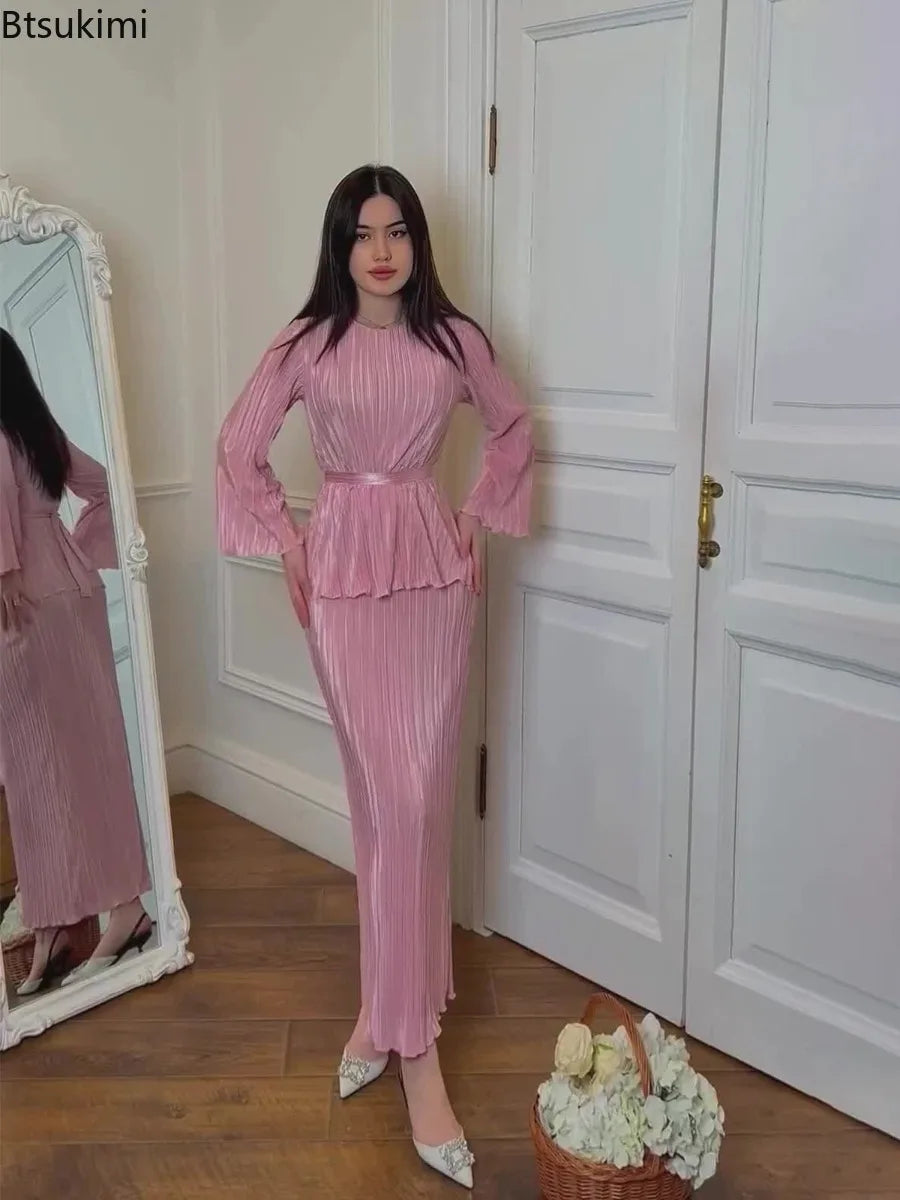 Summer New Women's Elegant 2-piece Sets Solid O-neck Long Sleeve Lace-up Tops and High Waist Half Skirt Sets Women Matching Sets
