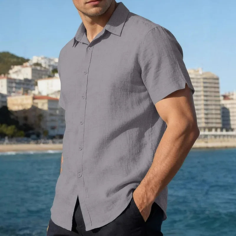 UNITIM Summer Man T-shirt Turn Down Collar Single-breasted Male Top Thin Breathable Short Sleeve Business Casual Men Tees