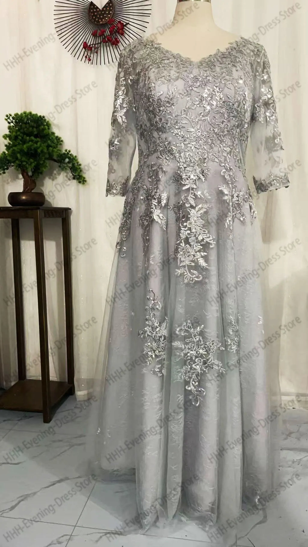 Women's Elegant Evening Dress Prom Dress Formal Gown Boat Neck 3/4 Sleeves Lace Applique Draped A-line Cocktail Dress Customized