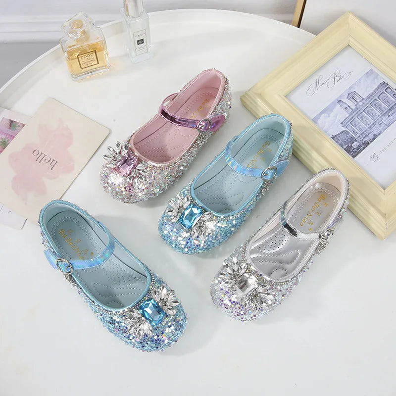 Girls Leather Shoes Fashion Flat Child New Sequin Flash Single Shoes Little Kids Crystal Princess Footwear Wedding Party Shoes