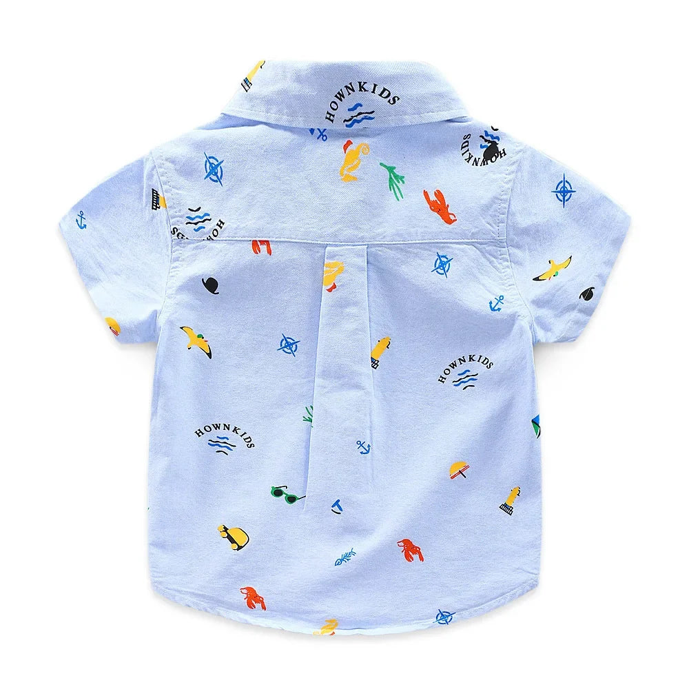 2 3 4 5 6 Years Boys Short Sleeve Collar Shirt Summer Children's Clothing Cotton Toddler Kids Cartoon Casual Tops White Blue