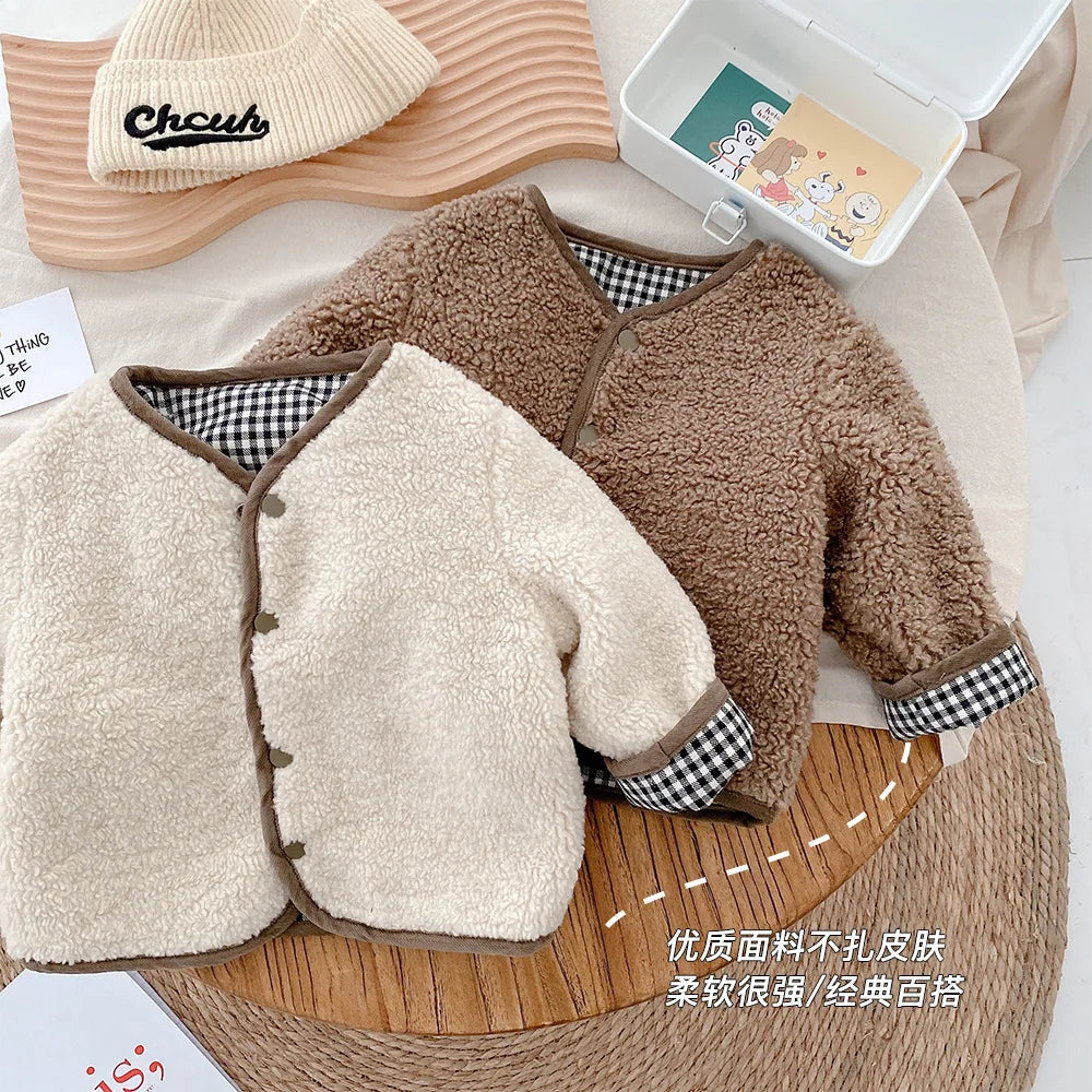 AYNIGIELL 2023 1-6 Years Old Autumn/Winter Children's Jacket Double-Sided Wear Plaid Plush Jacket Kids Jacket
