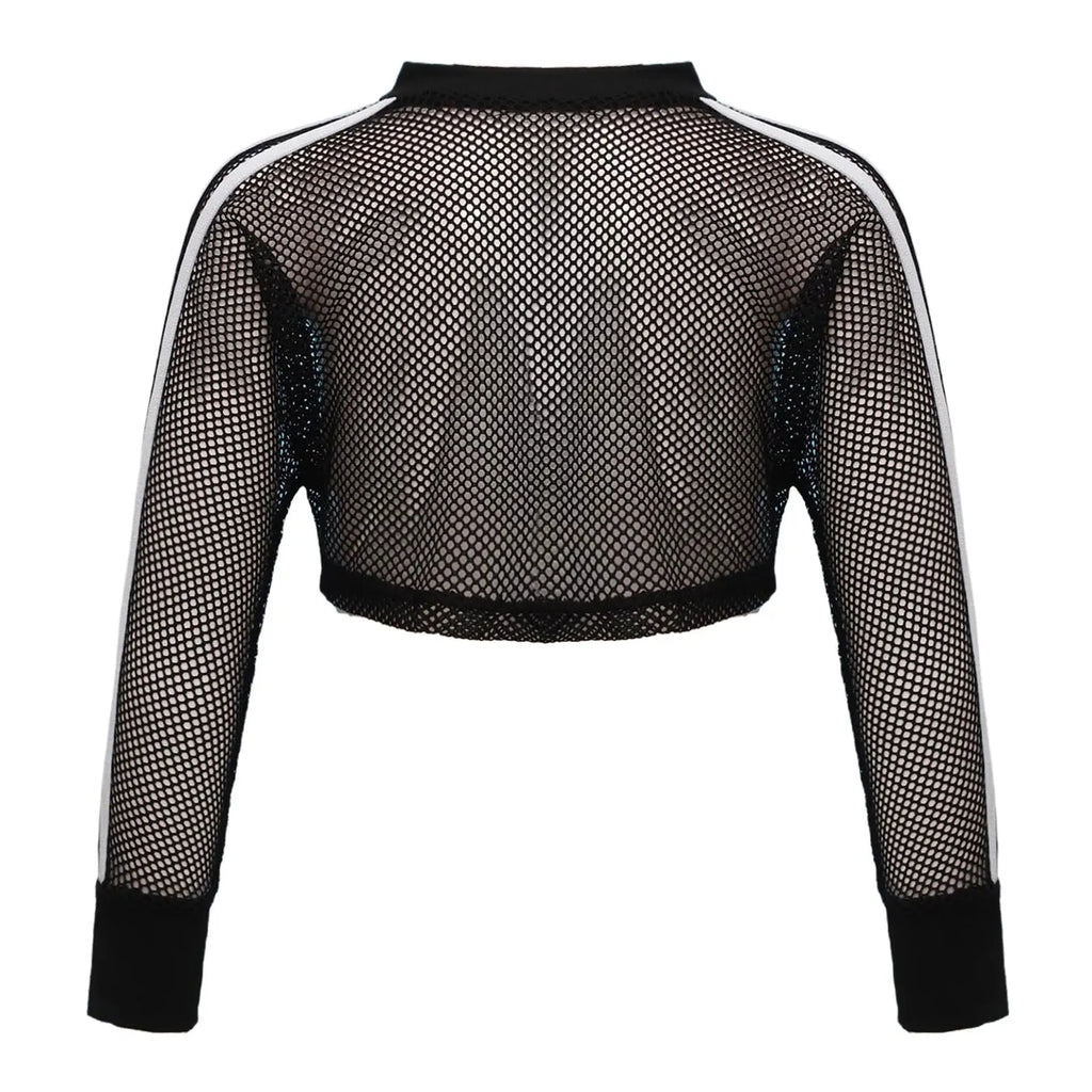Kids Girls Fishnet T-shirt Hip Hop Street Dance Tops Long Sleeve Round Neck Hollow Out Mesh Crop Top for Workout Gym Sportswear
