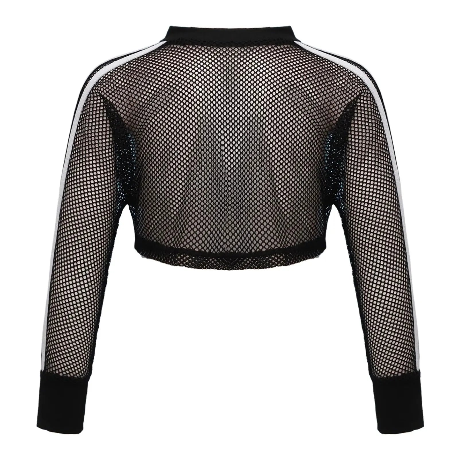 Kids Girls Fishnet T-shirt Hip Hop Street Dance Tops Long Sleeve Round Neck Hollow Out Mesh Crop Top for Workout Gym Sportswear
