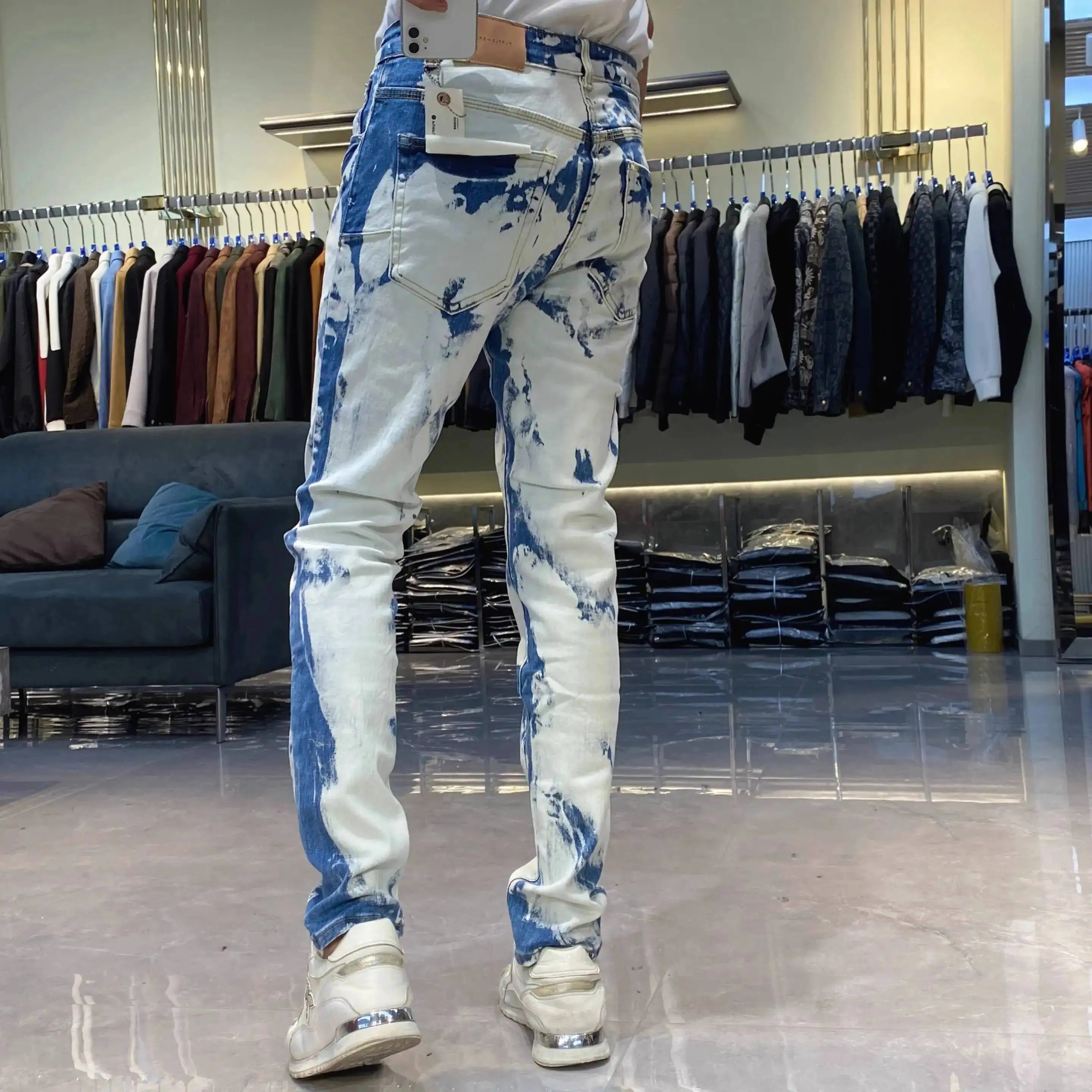 Color Contrast Jeans Male Ripped Jeans For Men Streetwear Personality Flocking Self-cultivation Pant Jeans Homme Skinny Jean Men
