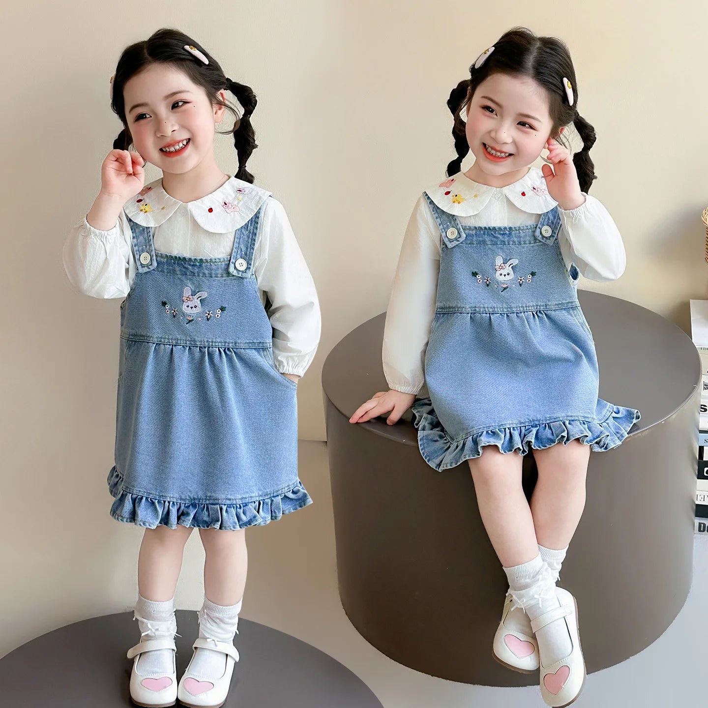Girls Shirt Set Spring 2026 New Foreign Style Two-piece Set Baby Denim Strap Skirt