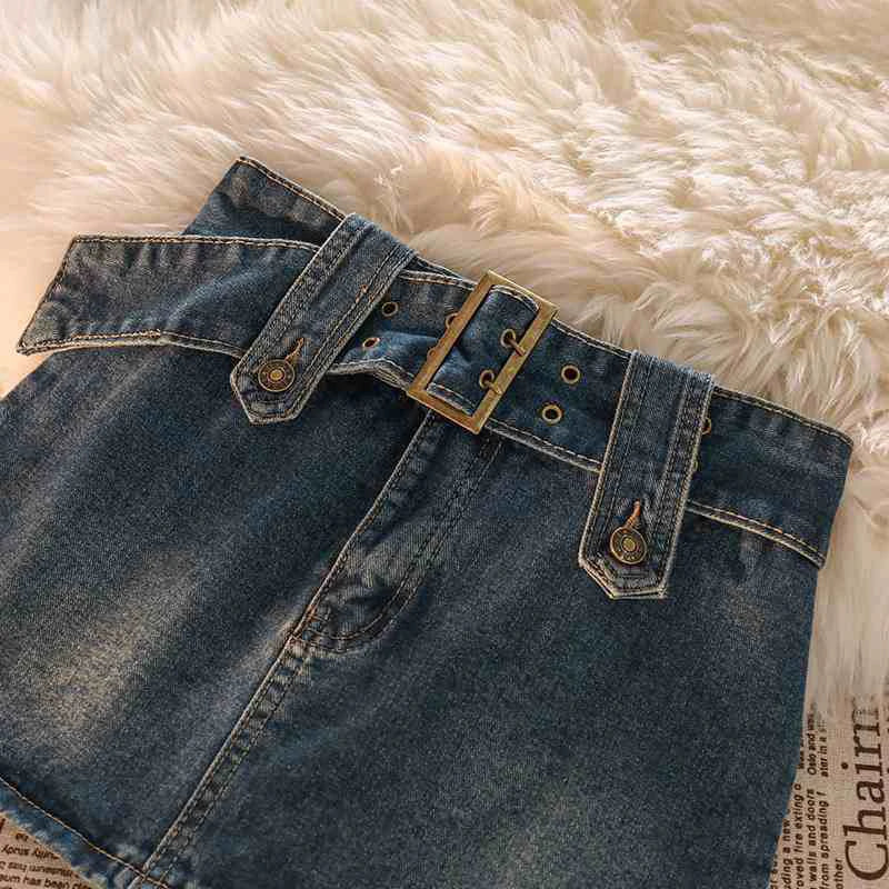 Skirts Female Casual Ball Gown Korean Slim A Line Skirts New Vintage Women Denim Mini Skirts Summer Solid Belt Sexy Jeans