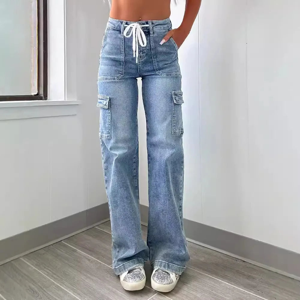 2026 Women's Casual Straight Leg Jeans Pants Fashion Style Belt and Multiple Pockets Functional Work Pants Female Cargo Trousers