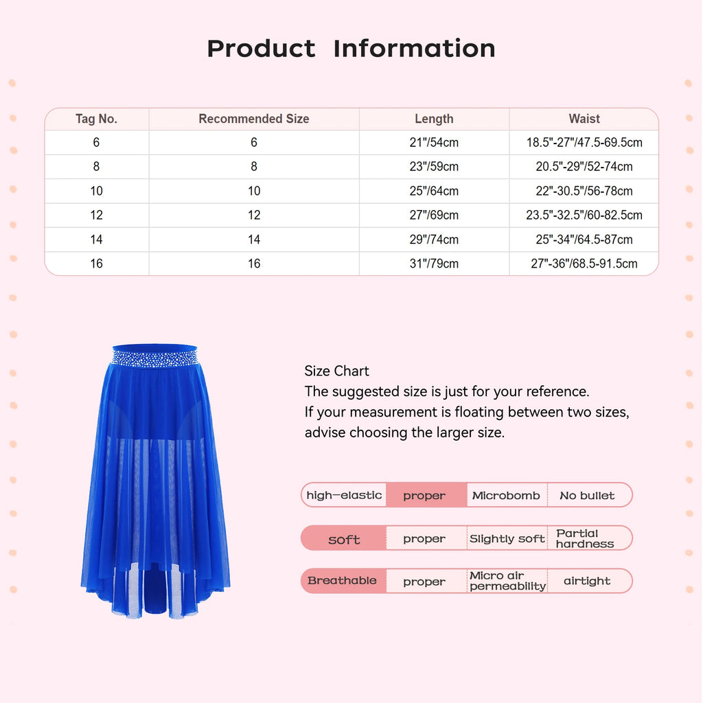 Kids Girls Lyrical Modern Dance Skirt Shiny Rhinestones Open Front Flowy Sheer Mesh Skirt with Built-in Briefs Ballet Dresses