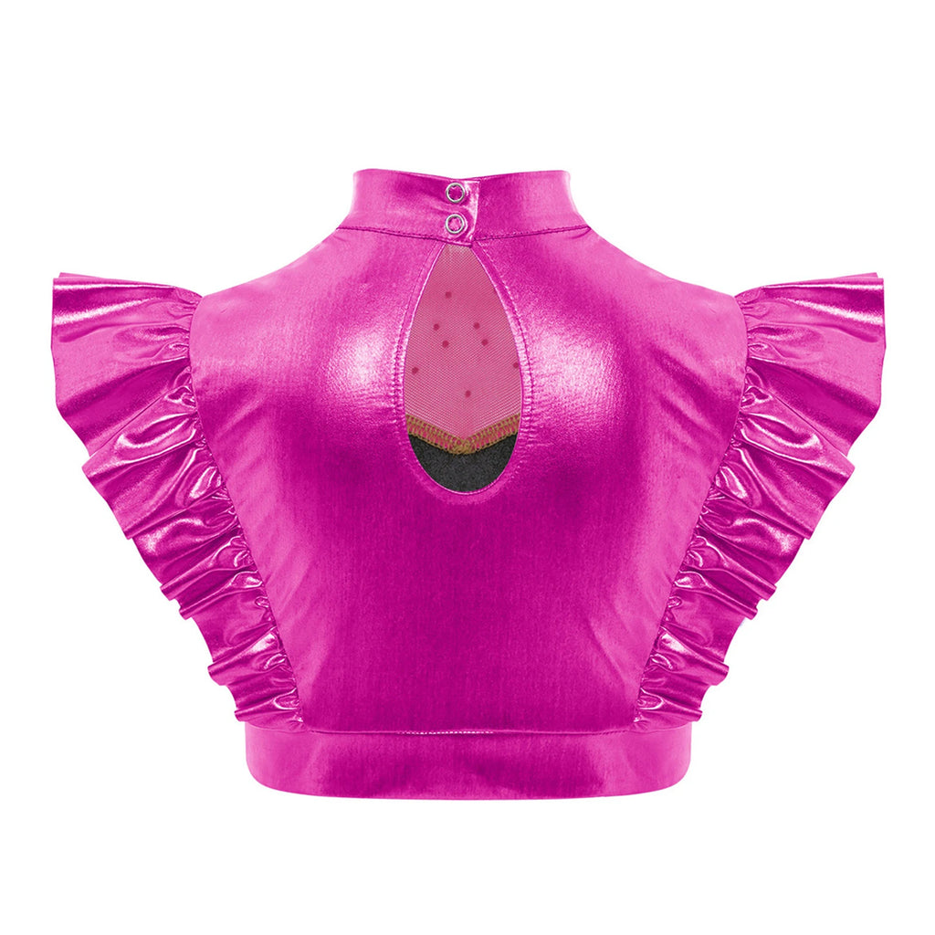 Kids Girls Metallic Shirts Party Disco Jazz Dance Tops Mock Neck Mesh Splice Shiny Rhinestone Sleeveless Ruffle Tank Crop Tops