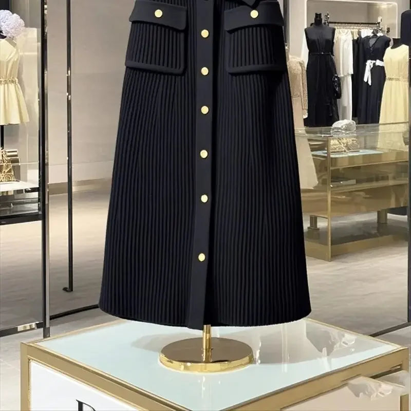 Elegant Office Lady High Waist Wrapped Knitted Skirts Autumn New Fashion Single Breasted Slim Temperam Wool Midi Skirt