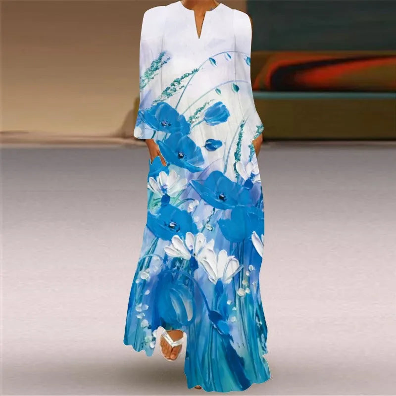 Summer Dress Woman 2025 New Long Dress Party Travel Photography 3D Printing Dress Red Long Sleeve V-neck Elegant Pocket Dresses