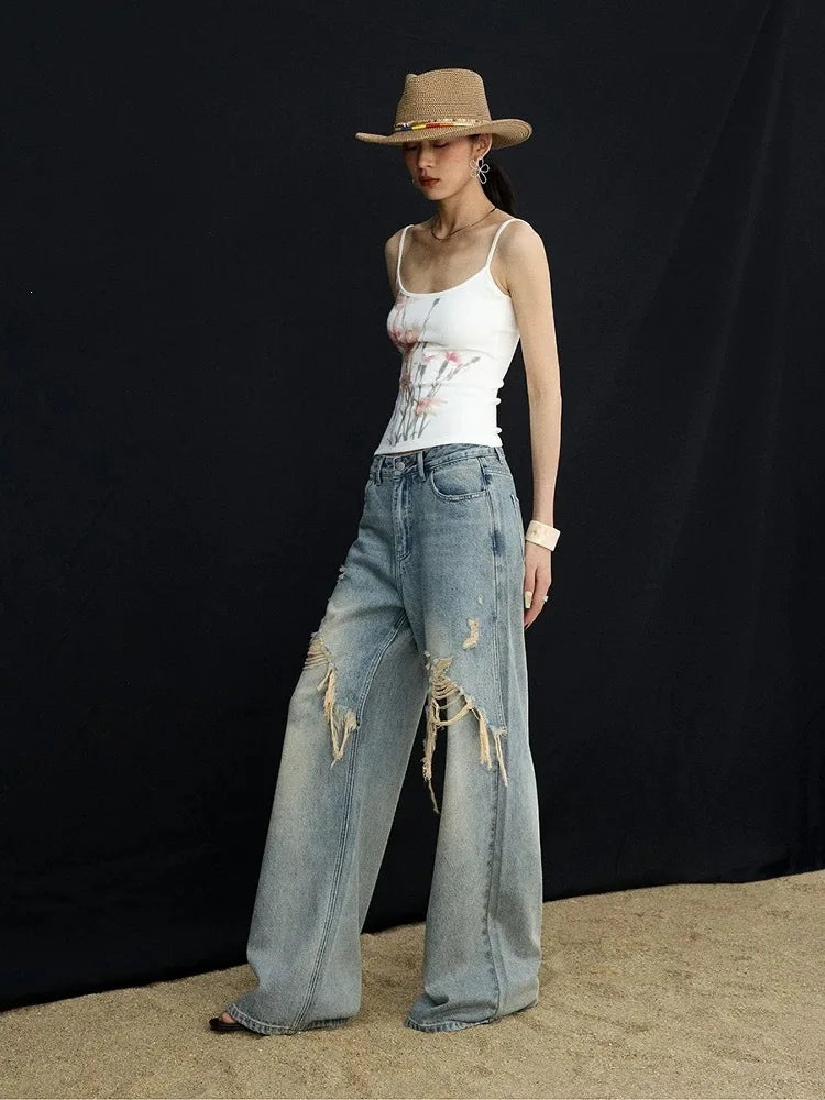 2026 New Women's Jeans Trendy Brand High Street Splicing Distressed Loose Casual Wide Legs Straight Long