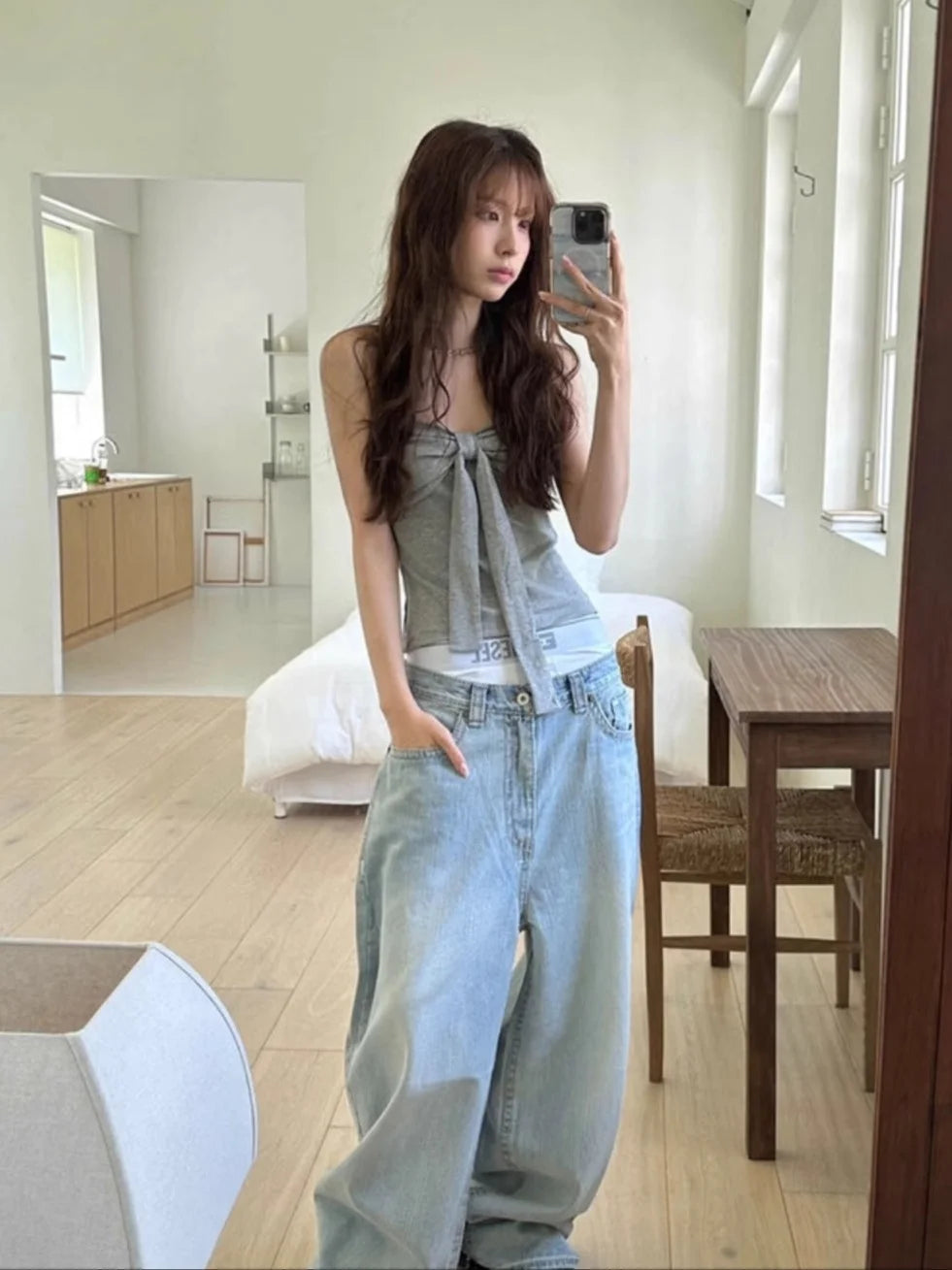 Summer Spicy Girl  Knot Tie Neck Vest Top Washed Denim Blue Women's Fashion Straight Cut Outerwear Short Length