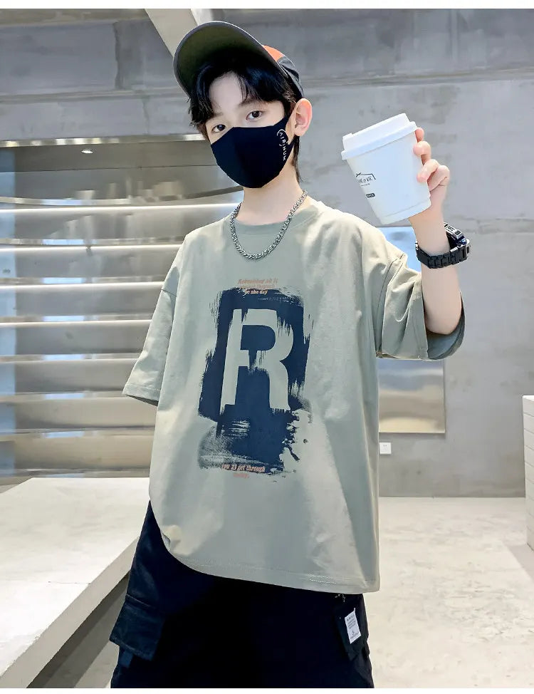 New Kids Boy Casual Tshirts Tops Novelty Printed Summer Children's T-shirt Short Sleeve Clothes Teenager Khaki Black Cotton Tees