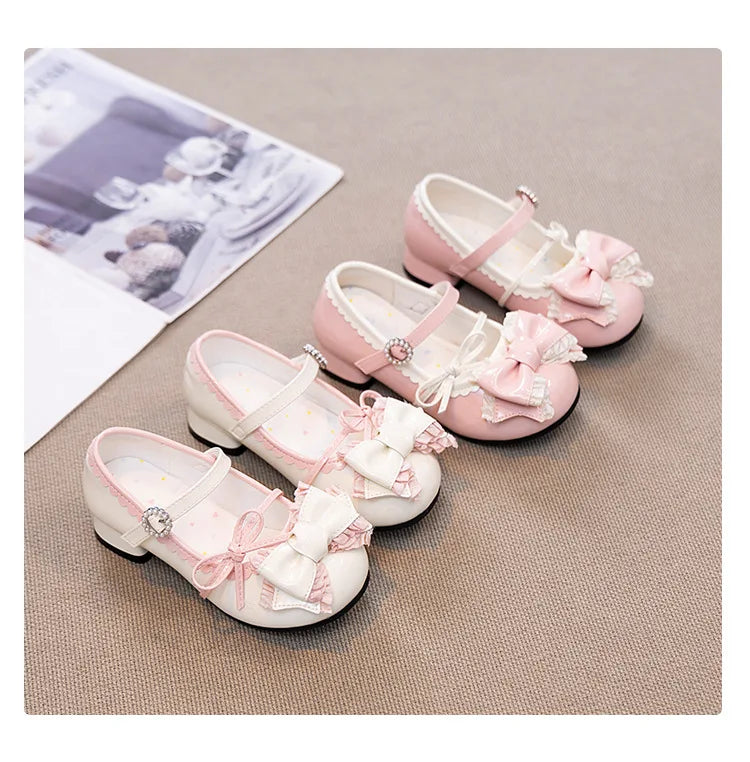 Girl Princess Shoes Spring 2026 New Bow French Heels Leather Shoe Sweet Lolita Party Dress Shoes Children's Mary Jane Size 26-36
