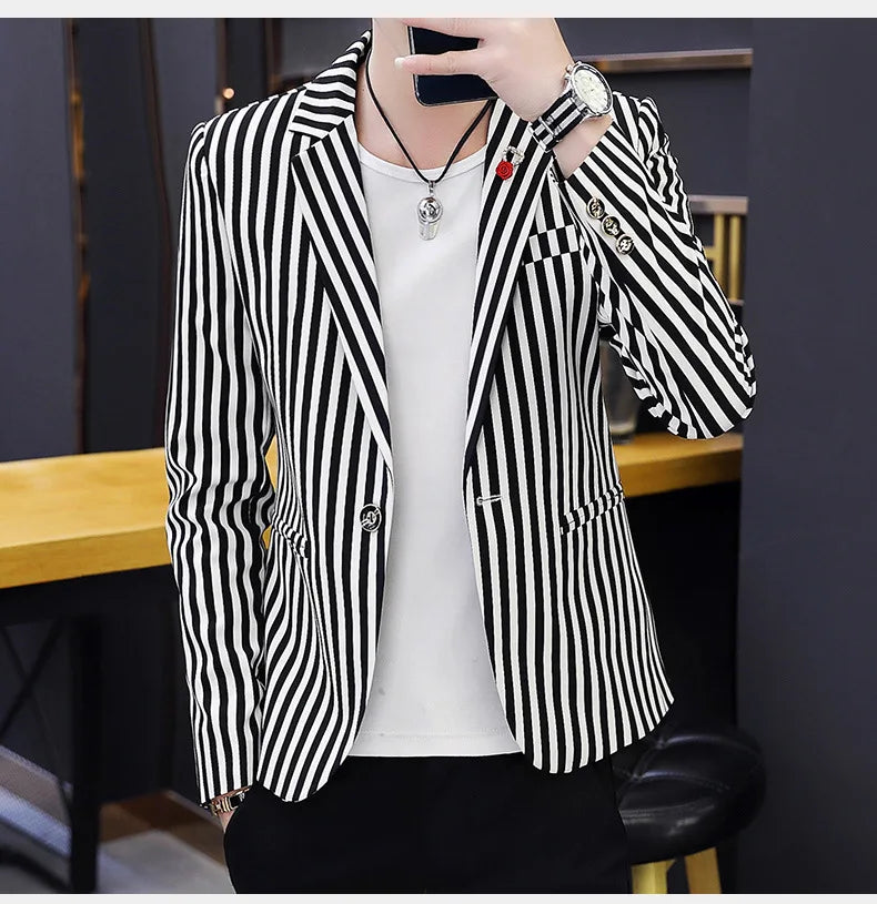 Mens Blazer Jacket 2022 New Suit Male Casual Korean Style Trendy Slim Striped Student Small Suit Jacket Hair Stylist Single Top