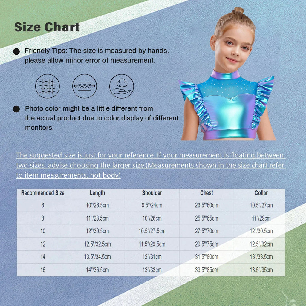 Kids Girls Metallic Shirts Party Disco Jazz Dance Tops Mock Neck Mesh Splice Shiny Rhinestone Sleeveless Ruffle Tank Crop Tops